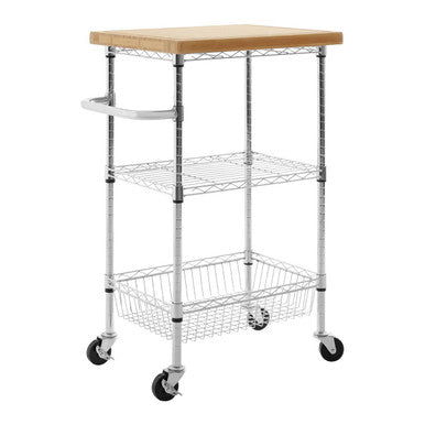 Silver and Natural 3 Tier Kitchen Trolley with Rubber Wood Top | Frankfurt