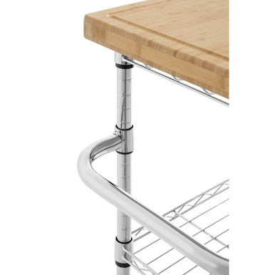 Silver and Natural 3 Tier Kitchen Trolley with Rubber Wood Top | Frankfurt