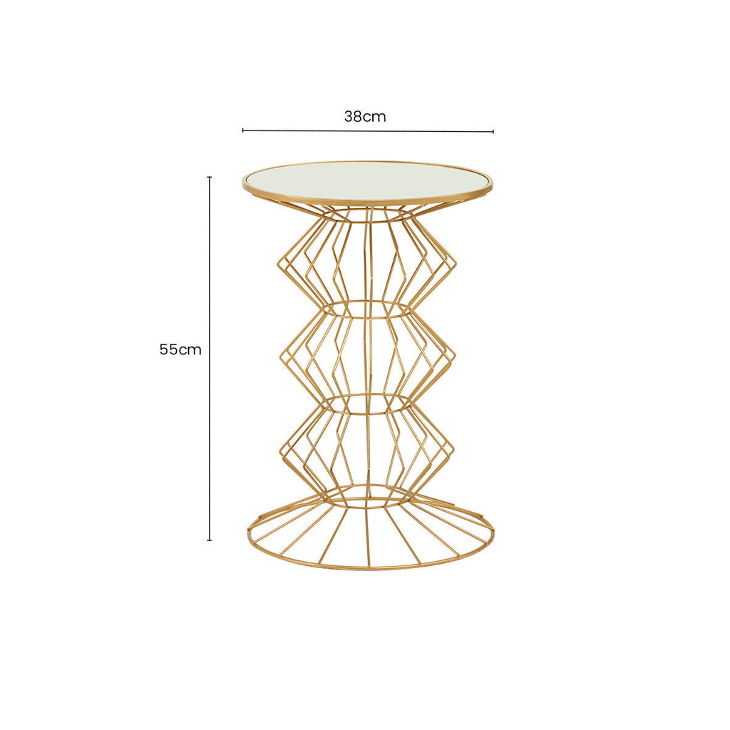 Mirrored Glass Top Side Table with Gold Finish Concertina Wireframe Metal Base | Yaxi