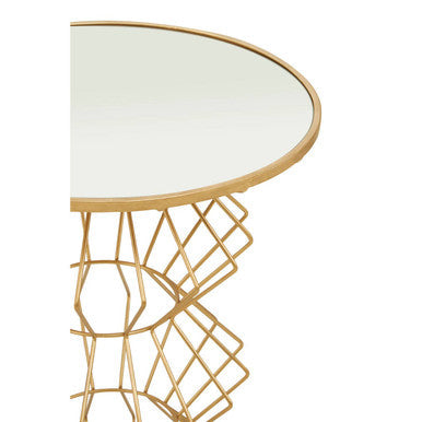 Mirrored Glass Top Side Table with Gold Finish Concertina Wireframe Metal Base | Yaxi