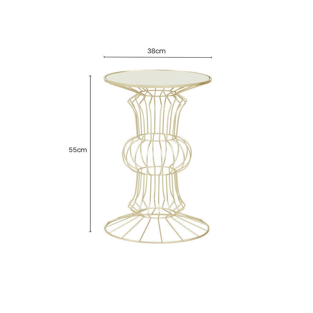 Mirrored Glass Top Side Table with Light Gold Finish Concertina Wireframe Metal Base | Yaxi