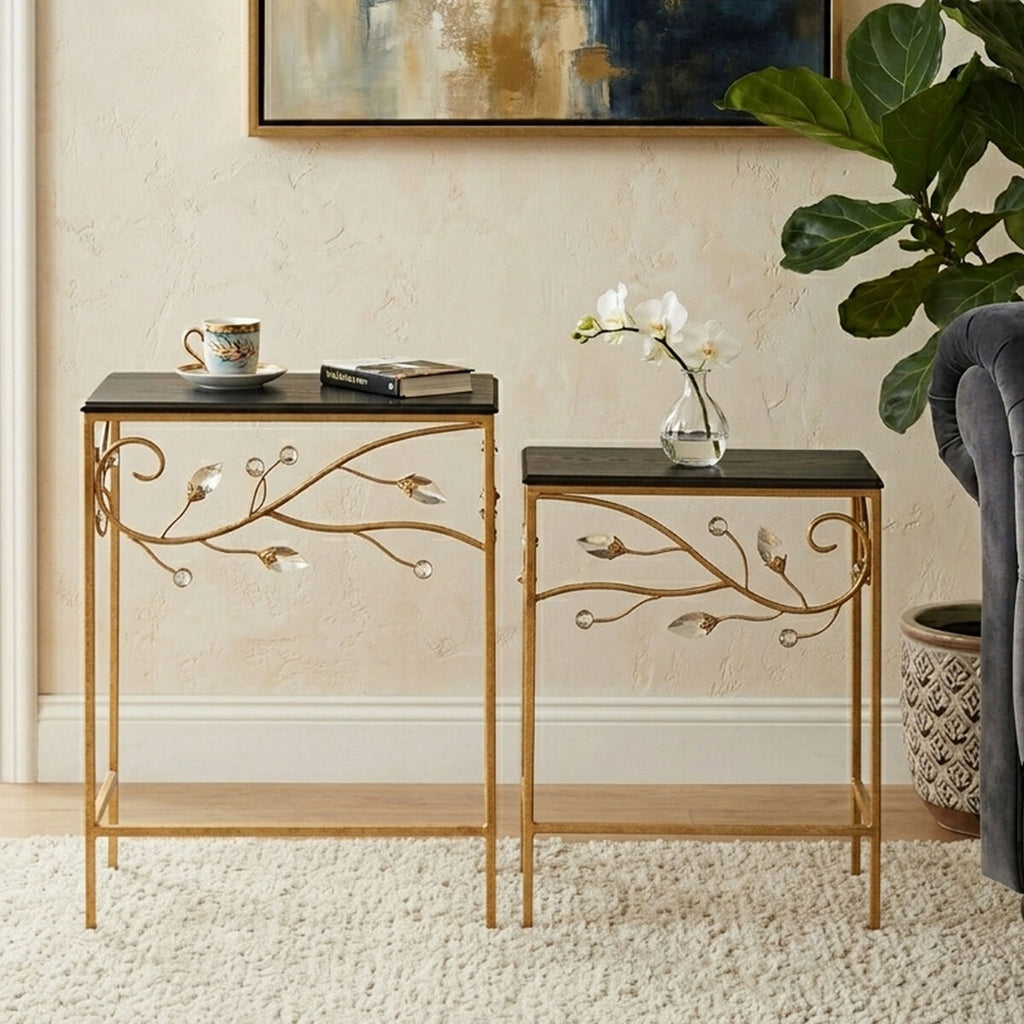 Set of 2 Black Wooden Top Tables with Gold Metal Frame | Yaxi