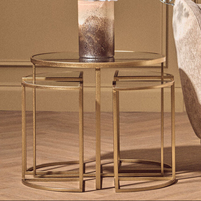 Set of 5 Champagne Gold Wood and Metal Nesting Tables with Glass Top | Farran