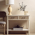 White Natural Wooden Console Table with Two Carved Detail Drawers and Lower Shelf | Heritage