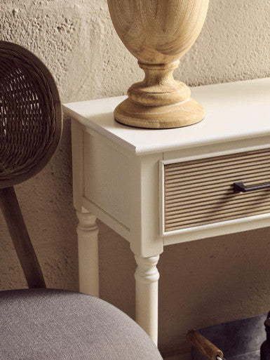 White Natural Wooden Console Table with Two Carved Detail Drawers and Lower Shelf | Heritage