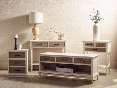 White Natural Wooden Console Table with Two Carved Detail Drawers and Lower Shelf | Heritage