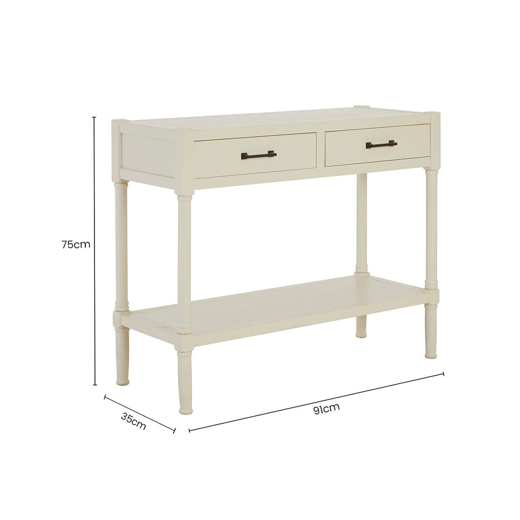 White Wooden Console Table with 2 Storage Drawers and Lower Open Shelf | Heritage