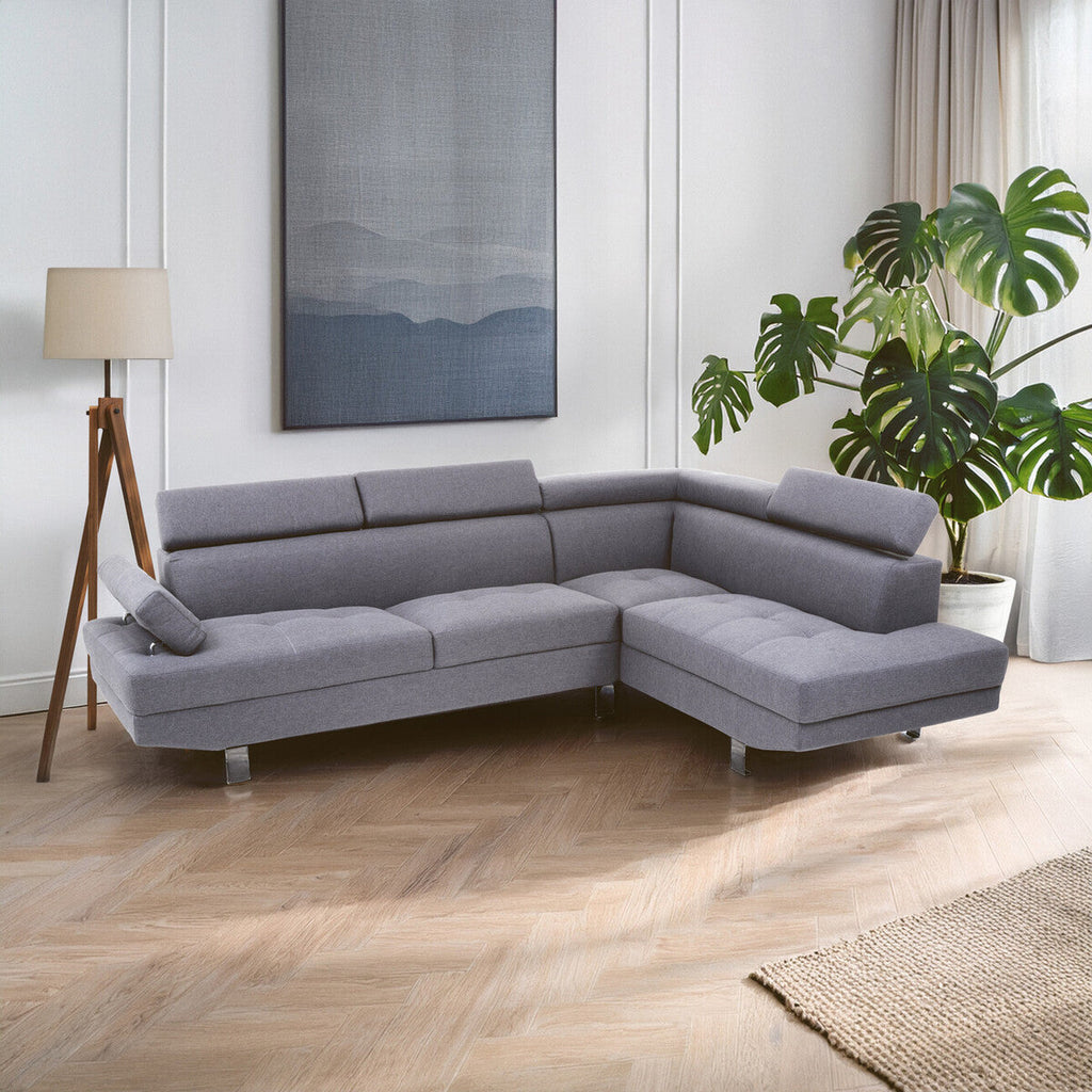 Grey Linen Corner Sofa with Adjustable Headrests | Hanover