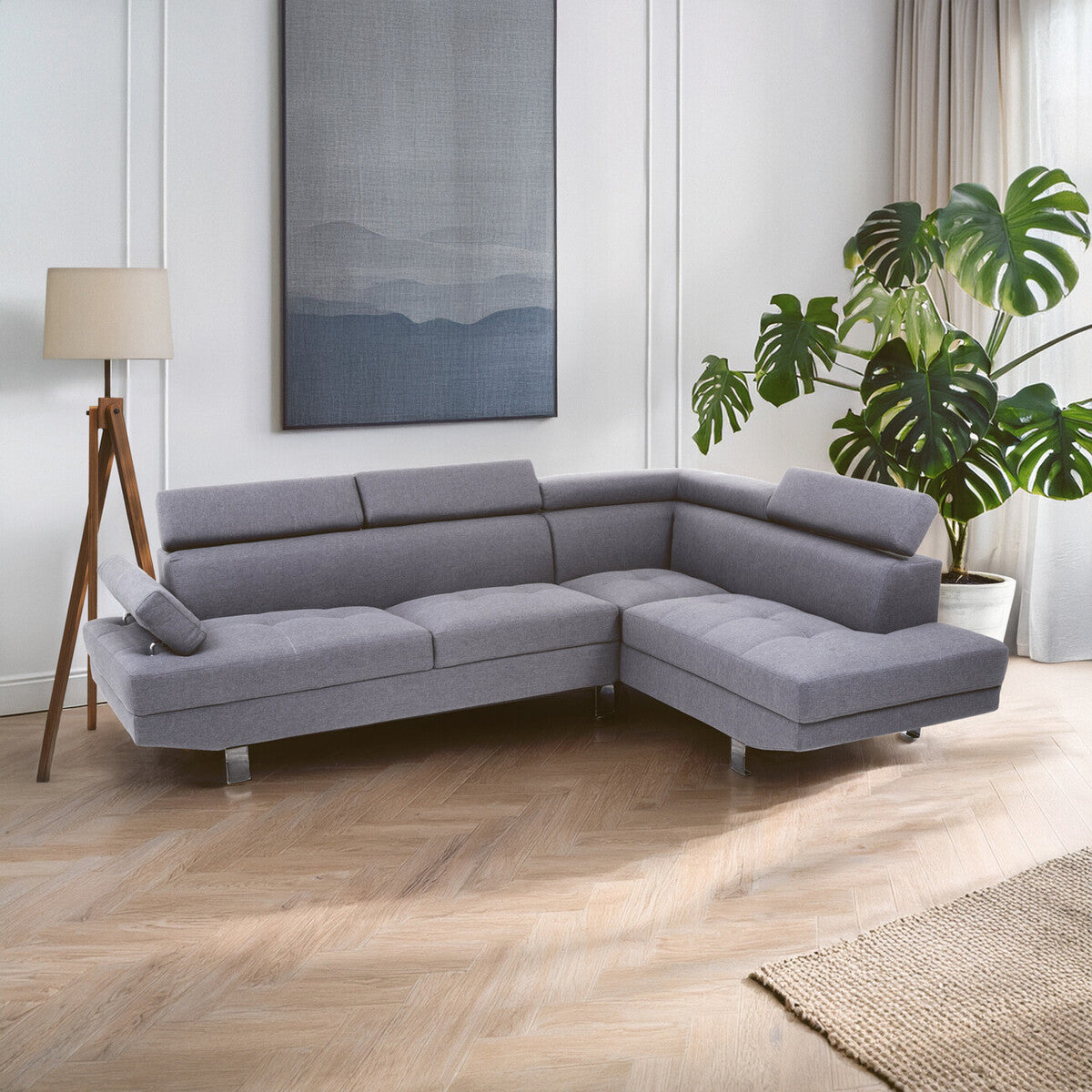 Grey Linen Corner Sofa with Adjustable Headrests | Hanover