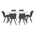 White Marble Effect Top and Metal Legs Dining Table with Faux Leather 6 Grey Chairs Set | Weston