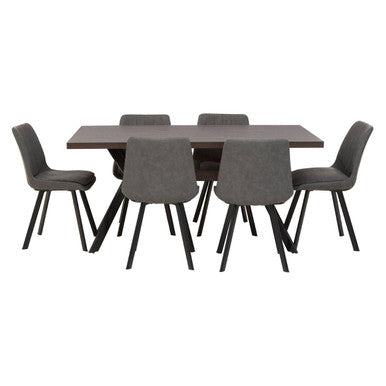 Grey Wooden Top and Metal Legs Rectangle Dining Table with 6 Brown Chairs Set | Westford