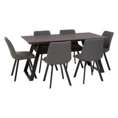 Brown Wooden Top and Metal Legs Dining Table with 6 Grey Chairs Set | Westford