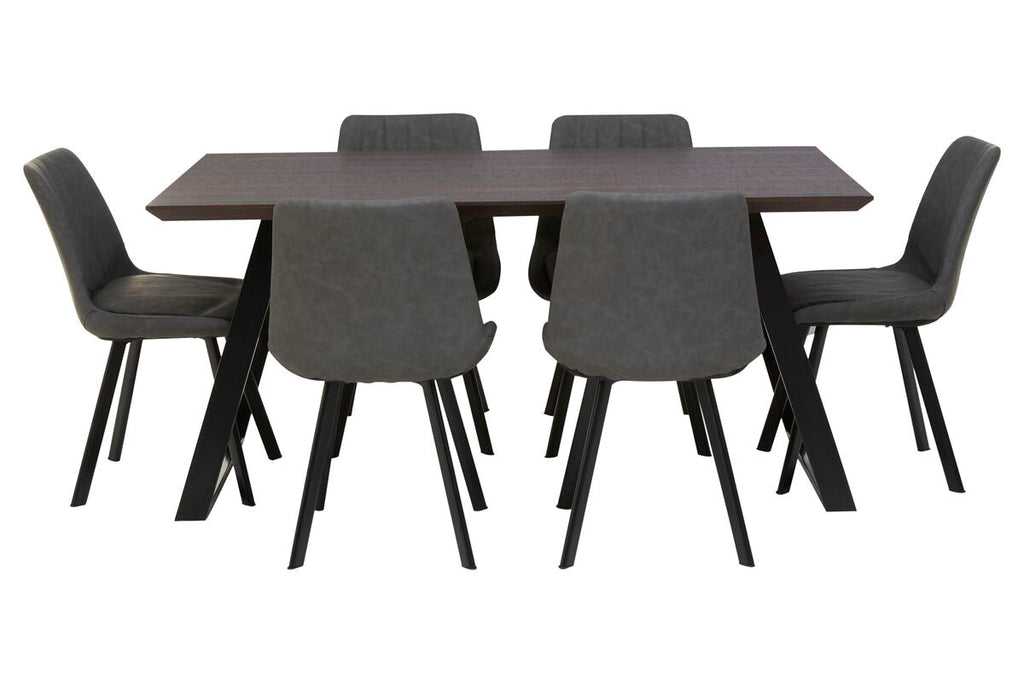 Brown Wooden Top and Metal Legs Dining Table with 6 Grey Chairs Set | Westford