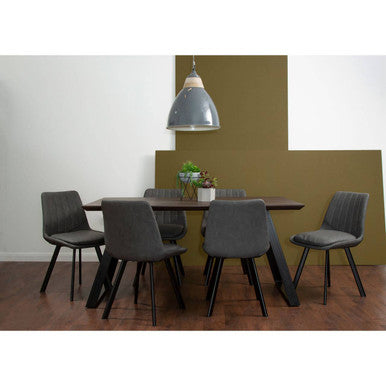 Brown Wooden Top and Metal Legs Dining Table with 6 Grey Chairs Set | Westford