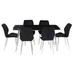 Black Tempered Glass Top and Silver Frame Dining Table with 6 Chairs Set | Wimslow