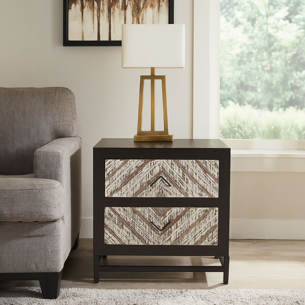 Black Wooden 2-Drawer Bedside Table with Chevron Pattern Drawer Fronts and Metal Handles | Lombok