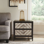 Black Wooden 2-Drawer Bedside Table with Chevron Pattern Drawer Fronts and Metal Handles | Lombok