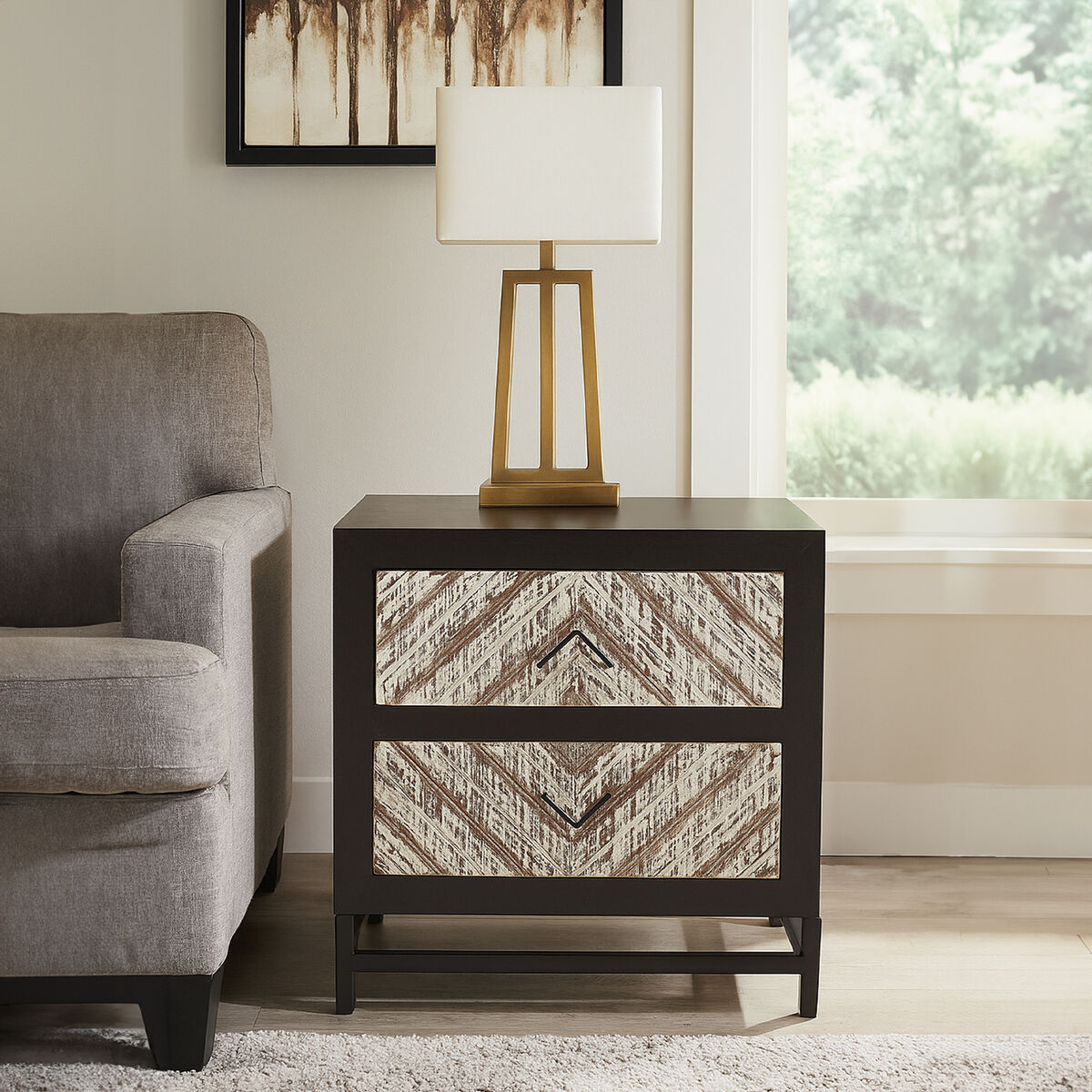 Black Wooden 2-Drawer Bedside Table with Chevron Pattern Drawer Fronts and Metal Handles | Lombok