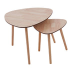 Set of 2 Natural Wooden Nesting Side Tables with Tripod Legs and Rounded Triangle Tops | Rostok