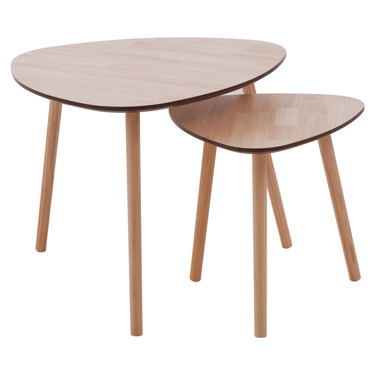 Set of 2 Natural Wooden Nesting Side Tables with Tripod Legs and Rounded Triangle Tops | Rostok