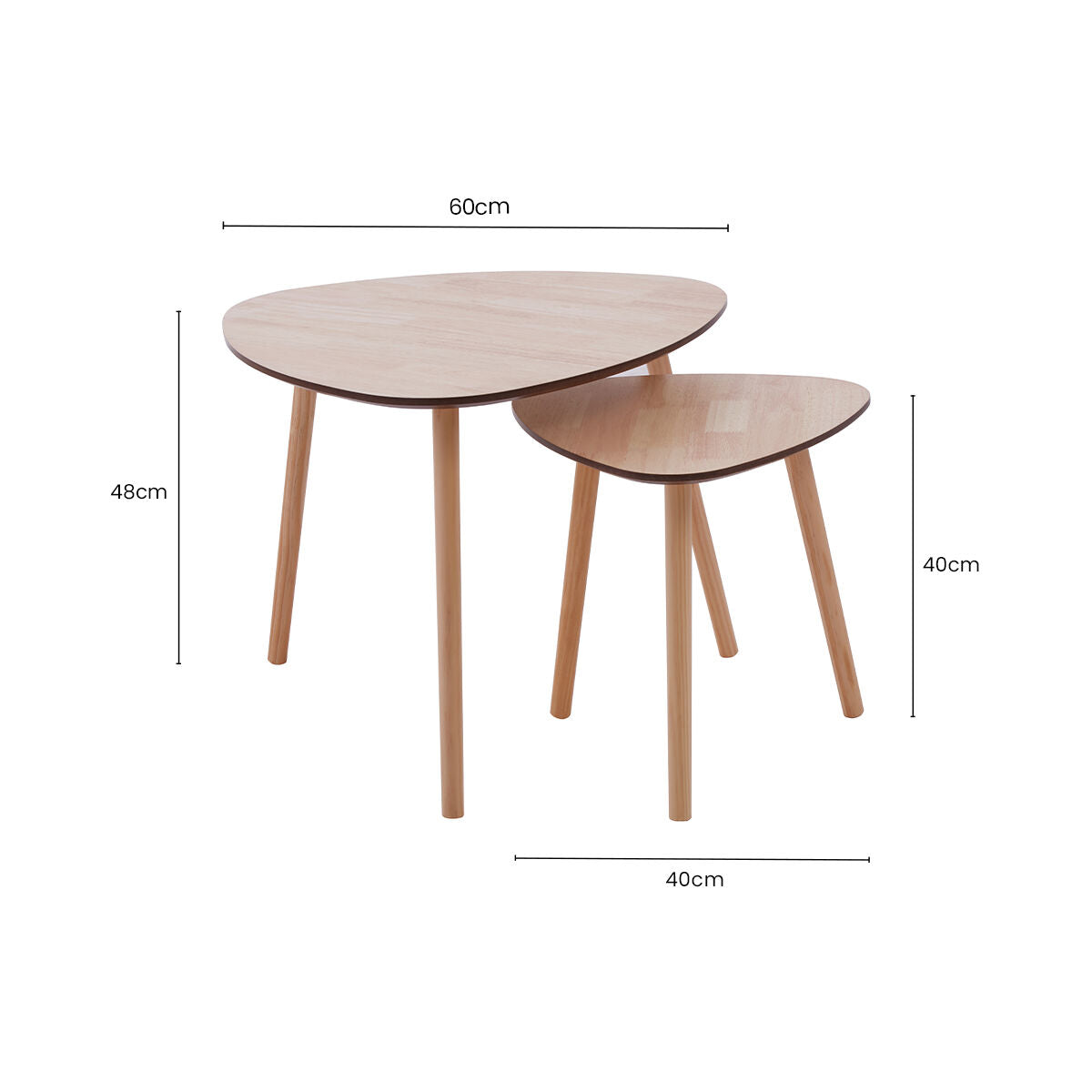 Set of 2 Natural Wooden Nesting Side Tables with Tripod Legs and Rounded Triangle Tops | Rostok