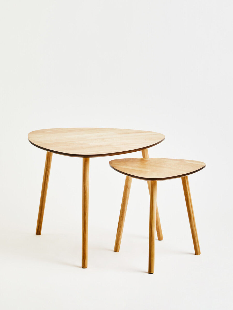 Set of 2 Natural Wooden Nesting Side Tables with Tripod Legs and Rounded Triangle Tops | Rostok