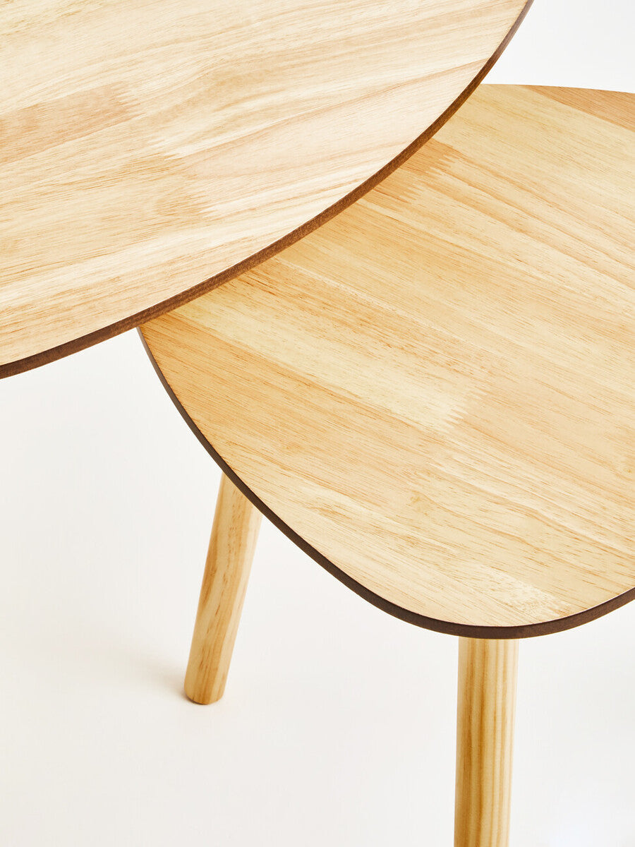 Set of 2 Natural Wooden Nesting Side Tables with Tripod Legs and Rounded Triangle Tops | Rostok