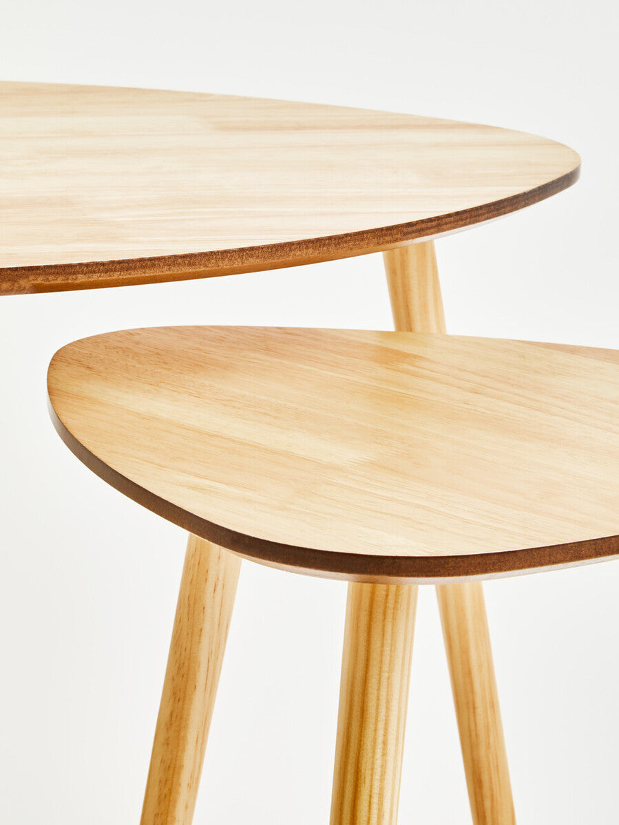 Set of 2 Natural Wooden Nesting Side Tables with Tripod Legs and Rounded Triangle Tops | Rostok