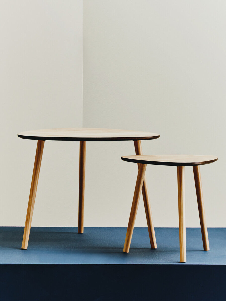 Set of 2 Natural Wooden Nesting Side Tables with Tripod Legs and Rounded Triangle Tops | Rostok
