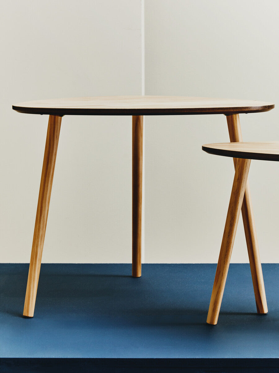 Set of 2 Natural Wooden Nesting Side Tables with Tripod Legs and Rounded Triangle Tops | Rostok