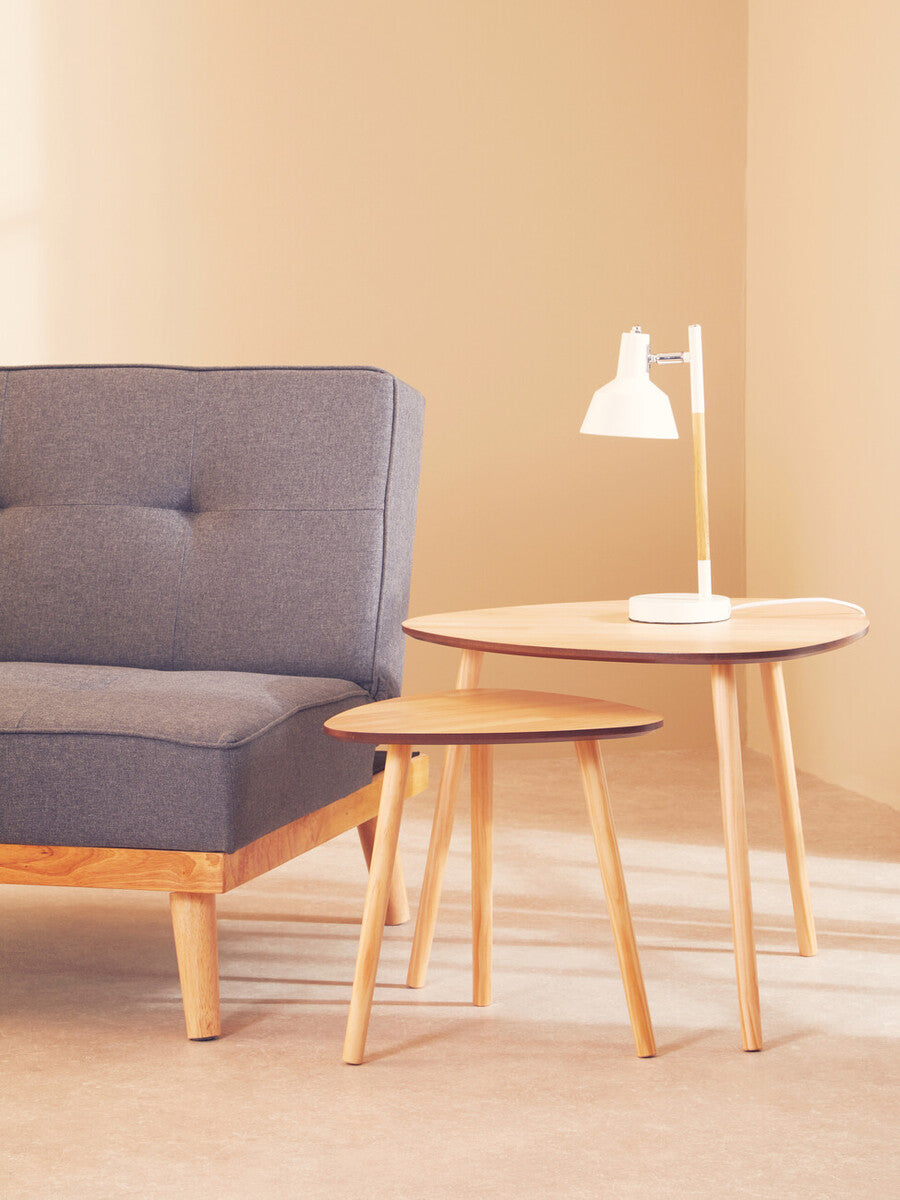 Set of 2 Natural Wooden Nesting Side Tables with Tripod Legs and Rounded Triangle Tops | Rostok
