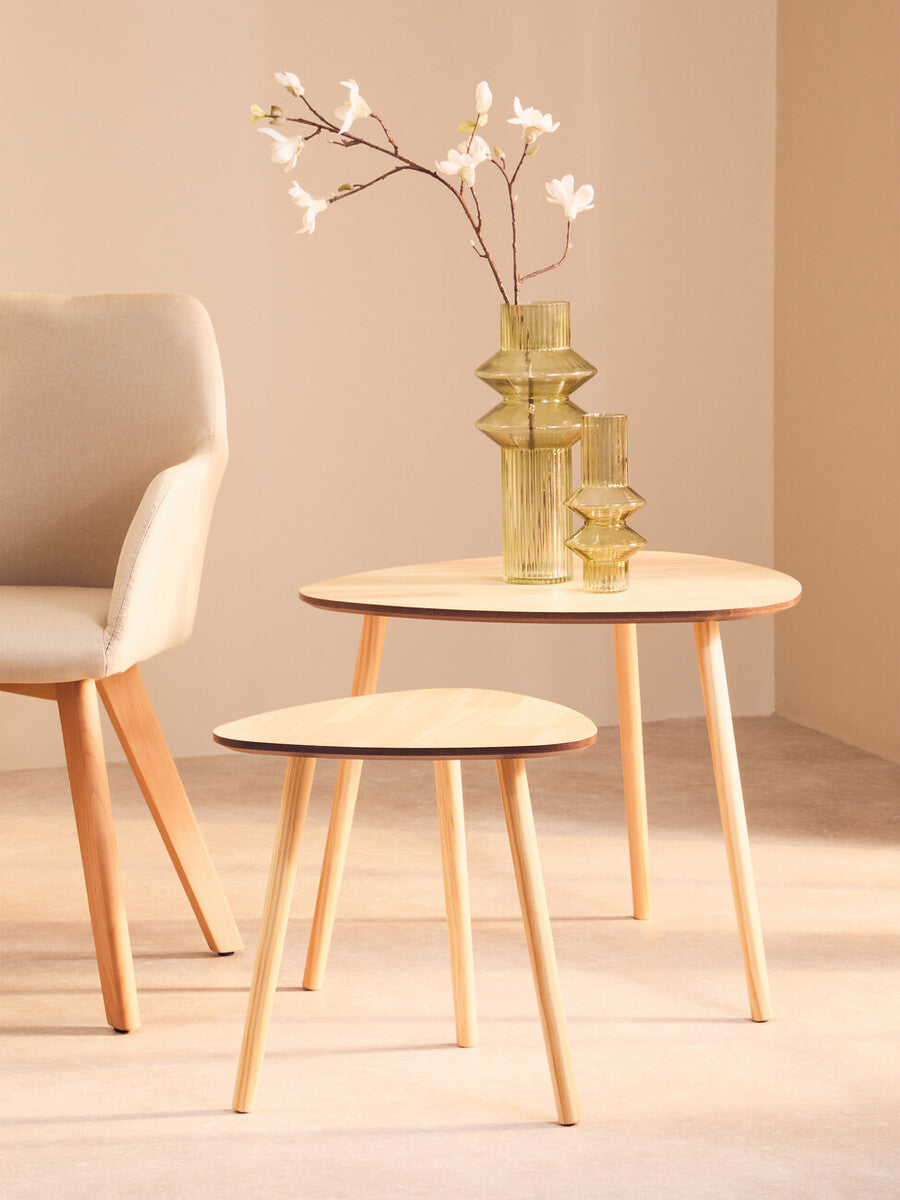 Set of 2 Natural Wooden Nesting Side Tables with Tripod Legs and Rounded Triangle Tops | Rostok
