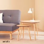 Set of 2 Natural Wooden Nesting Side Tables with Tripod Legs and Rounded Triangle Tops | Rostok