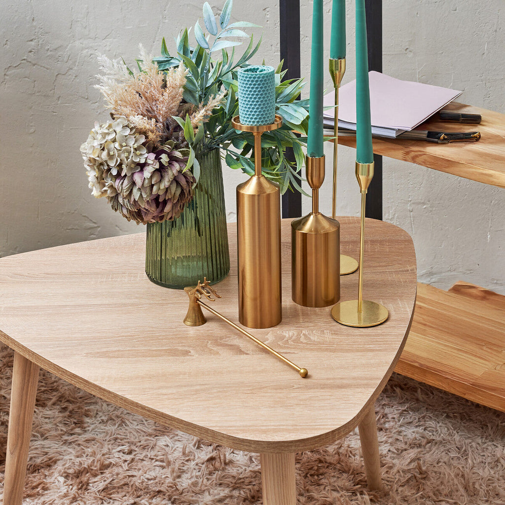 Set of 2 Natural Wooden Nesting Side Tables with Tripod Legs and Rounded Triangle Tops | Rostok