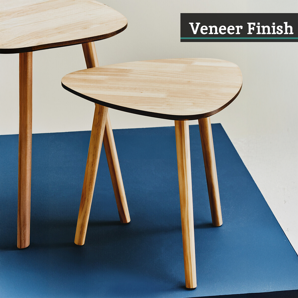 Set of 2 Natural Wooden Nesting Side Tables with Tripod Legs and Rounded Triangle Tops | Rostok