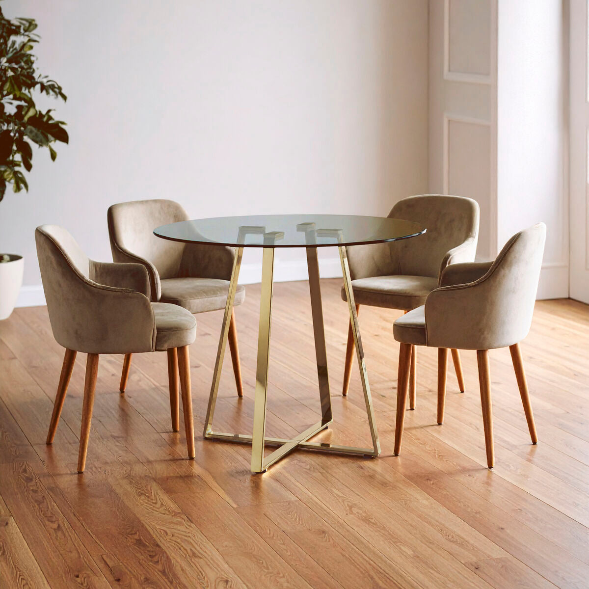 Clear Glass Top and Gold Finish Round Steel Dining Table | Metropolitan