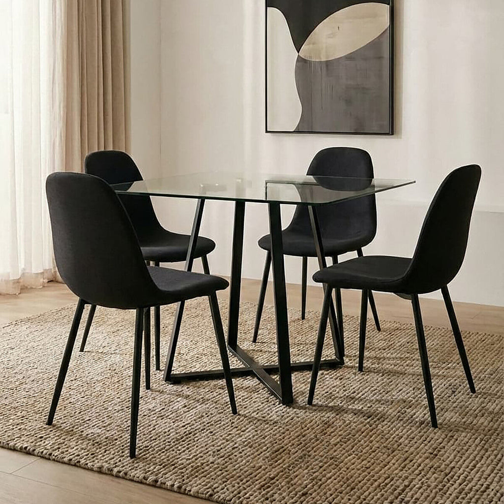 Clear Glass Top and Matte Black Square Steel Dining Table | Metropolitan