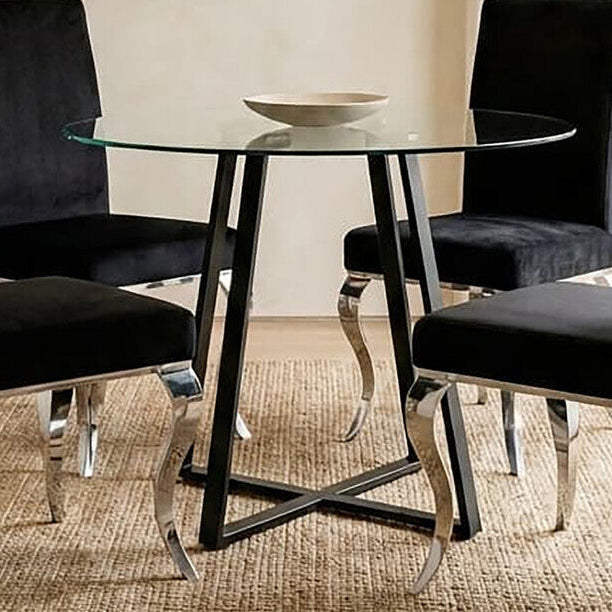 Clear Glass Top Matte Black Lattice Steel Dining Table | Metropolitan