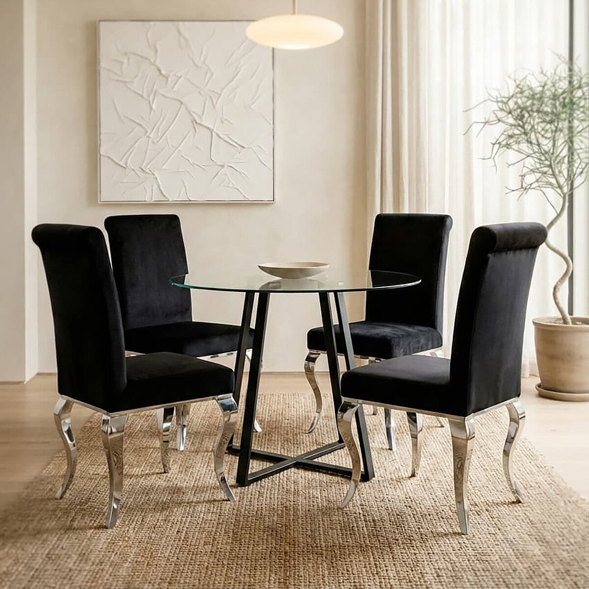 Clear Glass Top Matte Black Lattice Steel Dining Table | Metropolitan