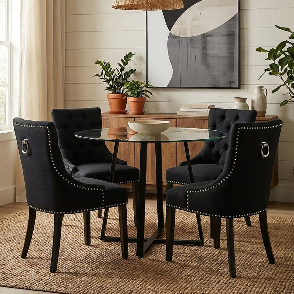 Clear Glass Top Matte Black Lattice Steel Dining Table | Metropolitan