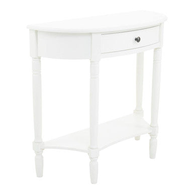 Half Moon White Wooden Console Table with One Drawer and Lower Shelf | Heritage