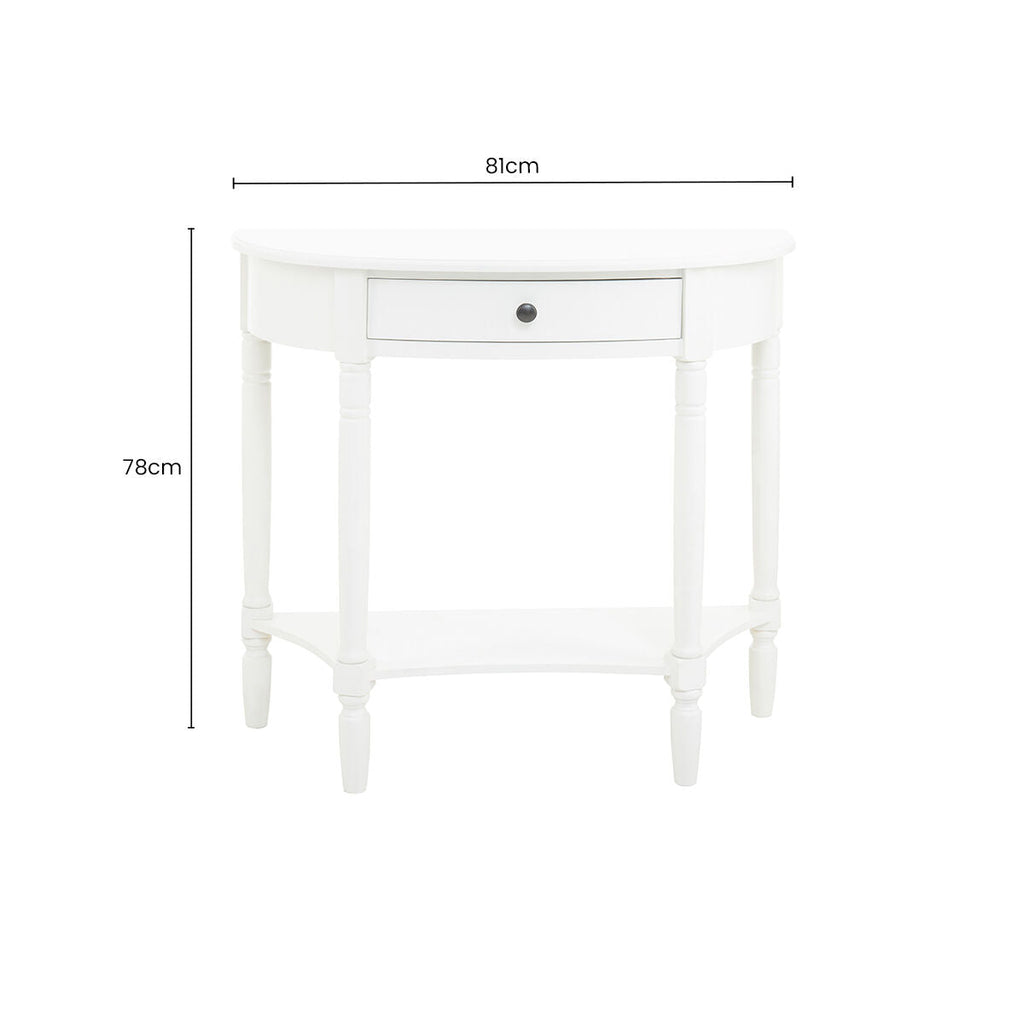 Half Moon White Wooden Console Table with One Drawer and Lower Shelf | Heritage