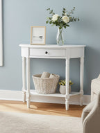 Half Moon White Wooden Console Table with One Drawer and Lower Shelf | Heritage