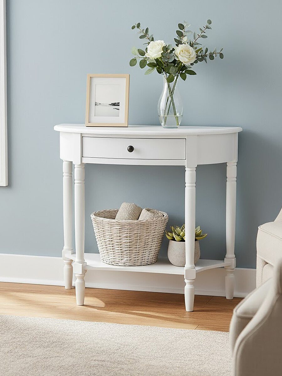 Half Moon White Wooden Console Table with One Drawer and Lower Shelf | Heritage