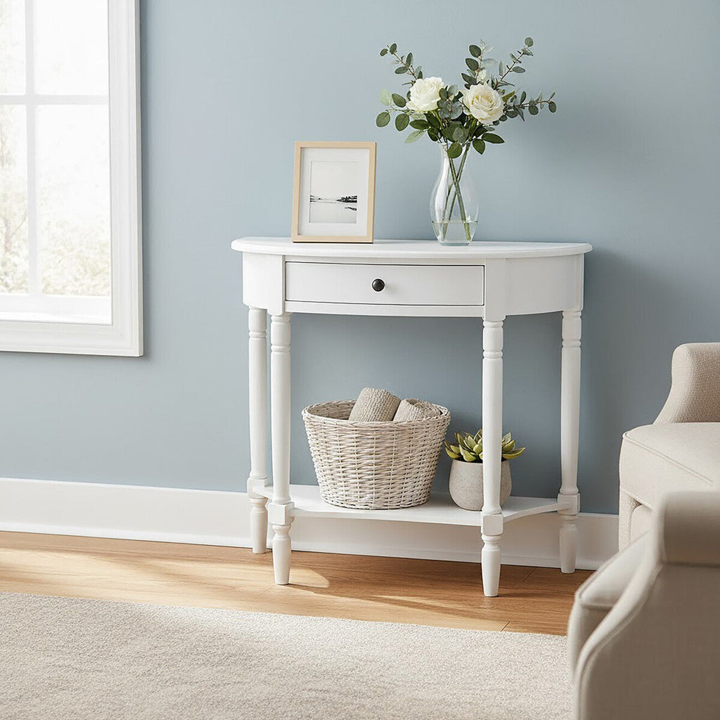 Half Moon White Wooden Console Table with One Drawer and Lower Shelf | Heritage