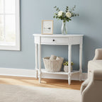Half Moon White Wooden Console Table with One Drawer and Lower Shelf | Heritage