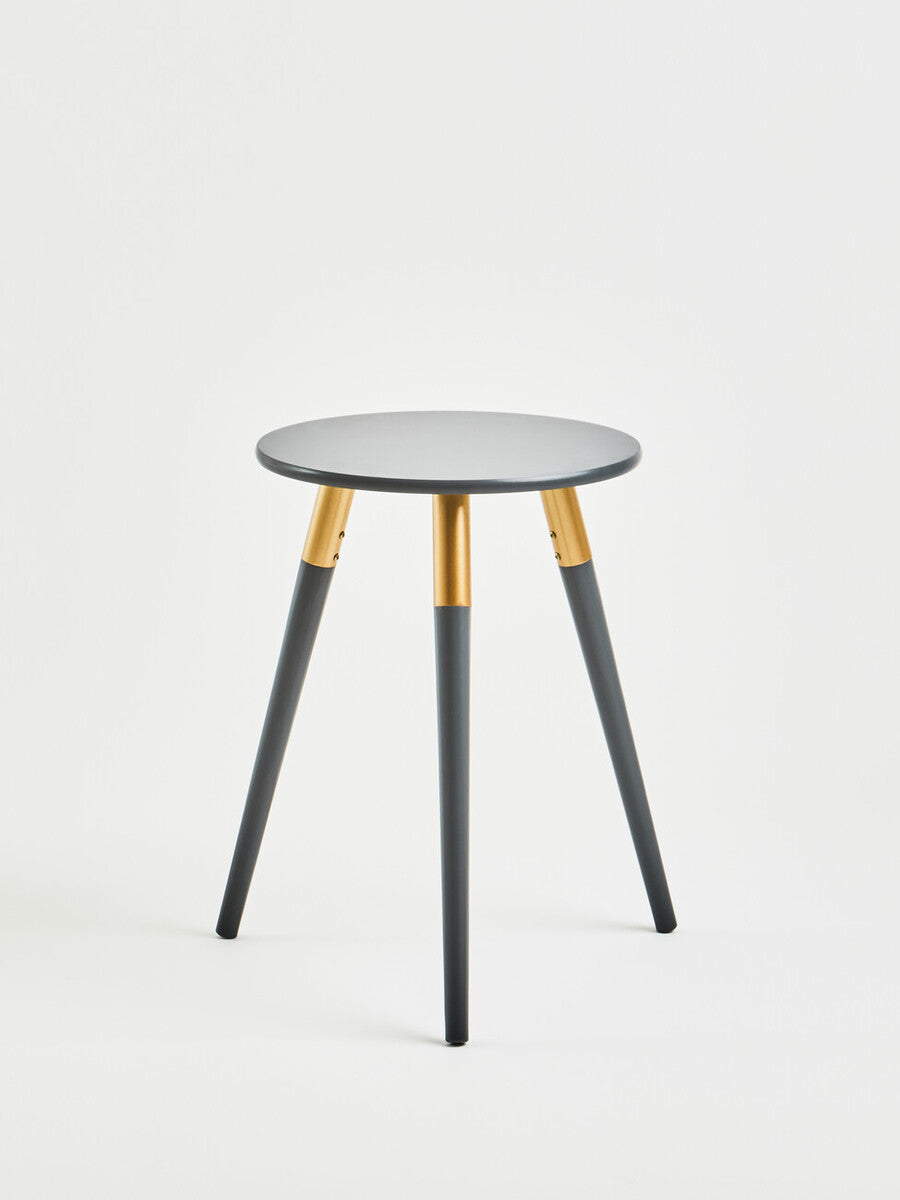 Dark Grey Round Top Wooden Side Table with Natural Wood Legs and Gold Trim | Nostra
