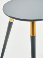 Dark Grey Round Top Wooden Side Table with Natural Wood Legs and Gold Trim | Nostra