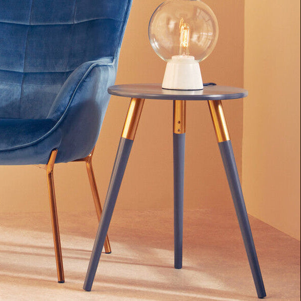 Dark Grey Round Top Wooden Side Table with Natural Wood Legs and Gold Trim | Nostra