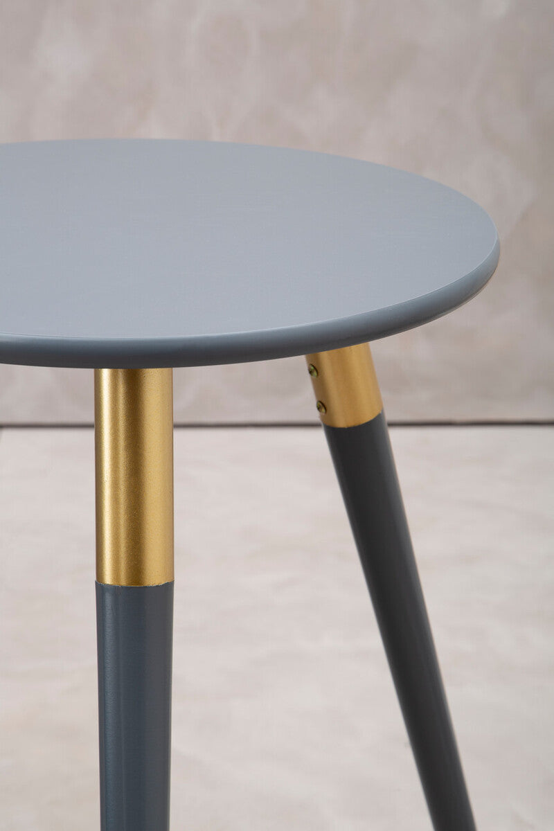 Dark Grey Round Top Wooden Side Table with Natural Wood Legs and Gold Trim | Nostra